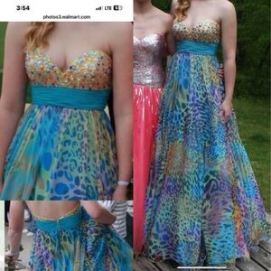 Multicolor Strapless Gown with Blue Waistband